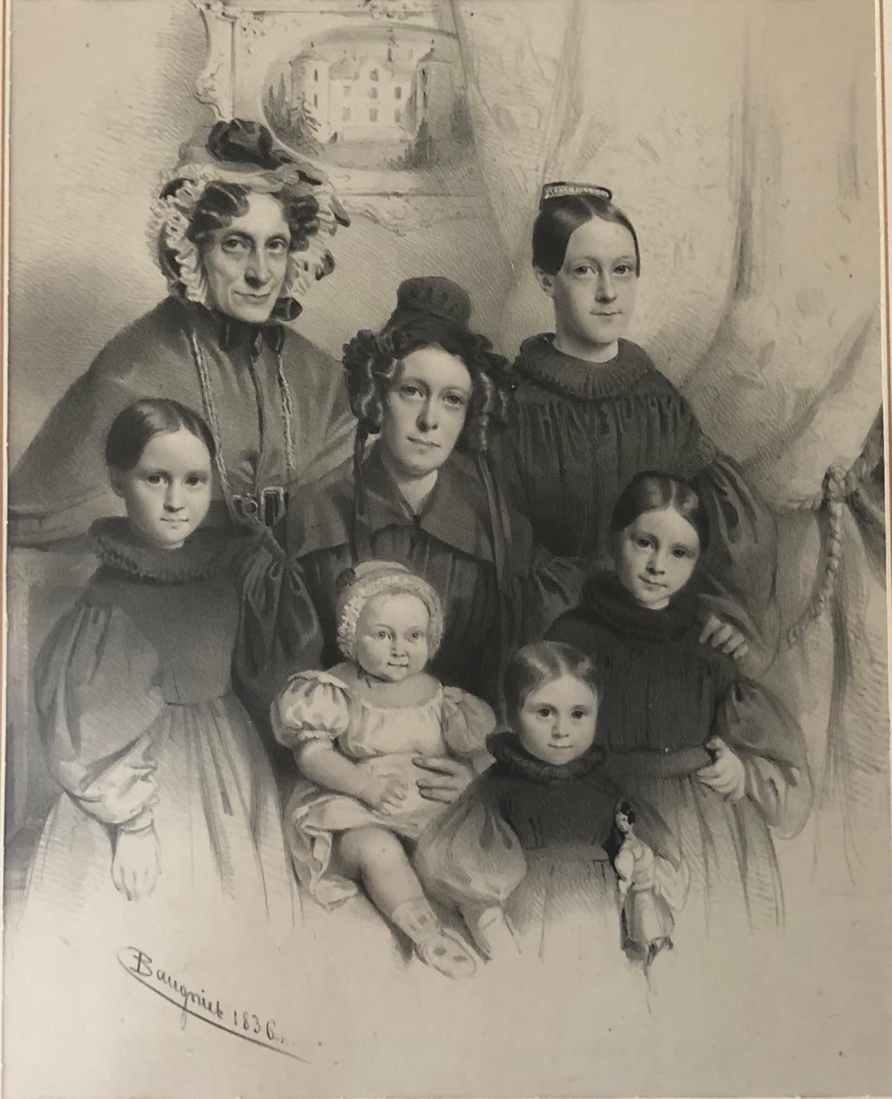Pauline met haar moeder en 5 van haar dochters