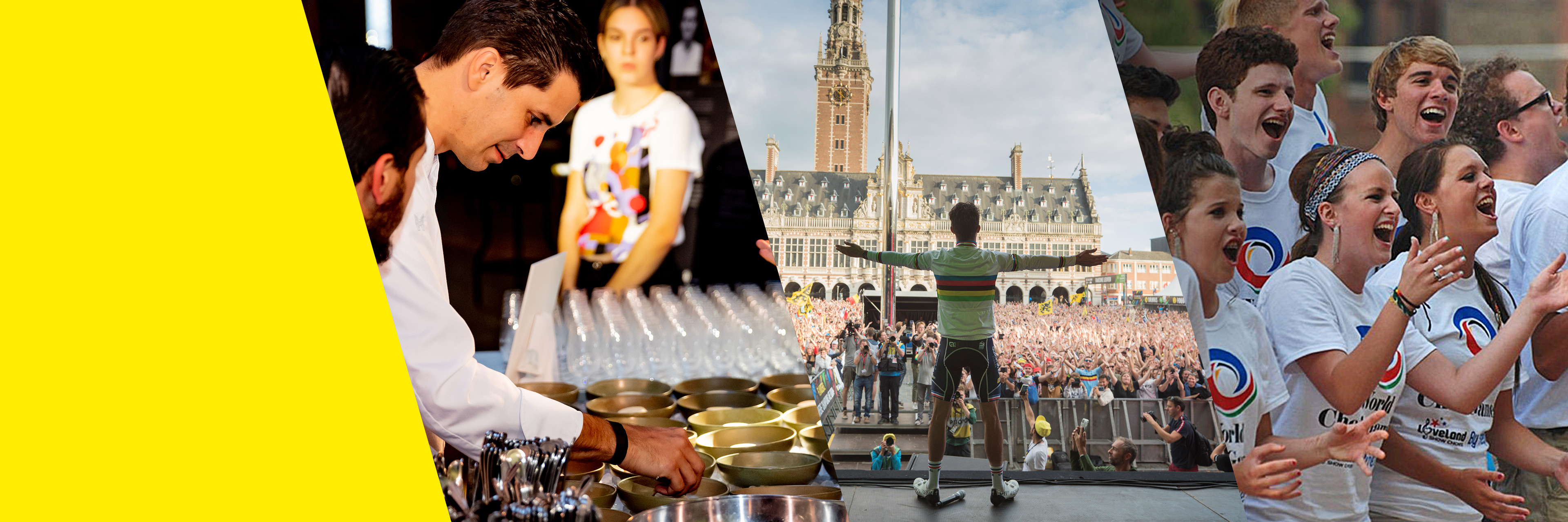 Drie topevenementen die EventFlanders ondersteunde: het Flanders Food Festival, het WK Wielrennen en de World Choir Games