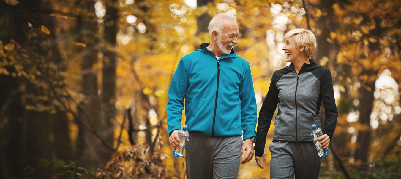 Ouder koppel hand-in-hand wandelend in bos.