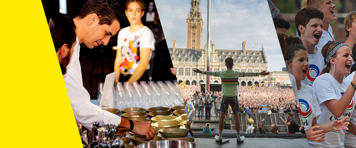 Drie topevenementen die EventFlanders ondersteunde: het Flanders Food Festival, het WK Wielrennen en de World Choir Games