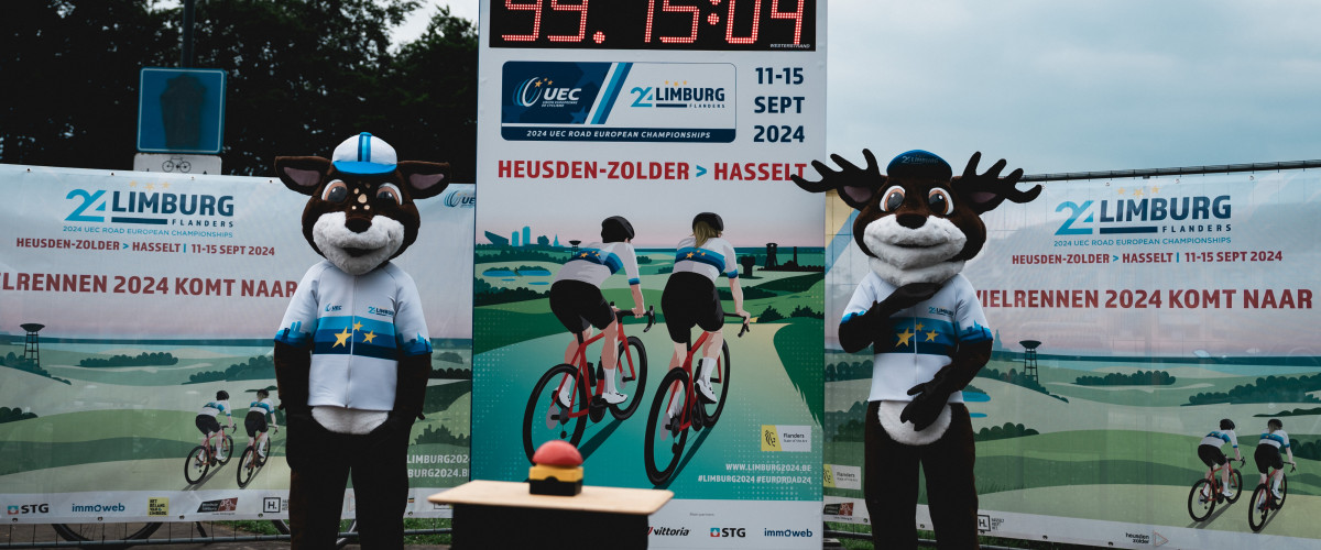 Mascottes 2024 UEC Road European Championships met aftelklok.